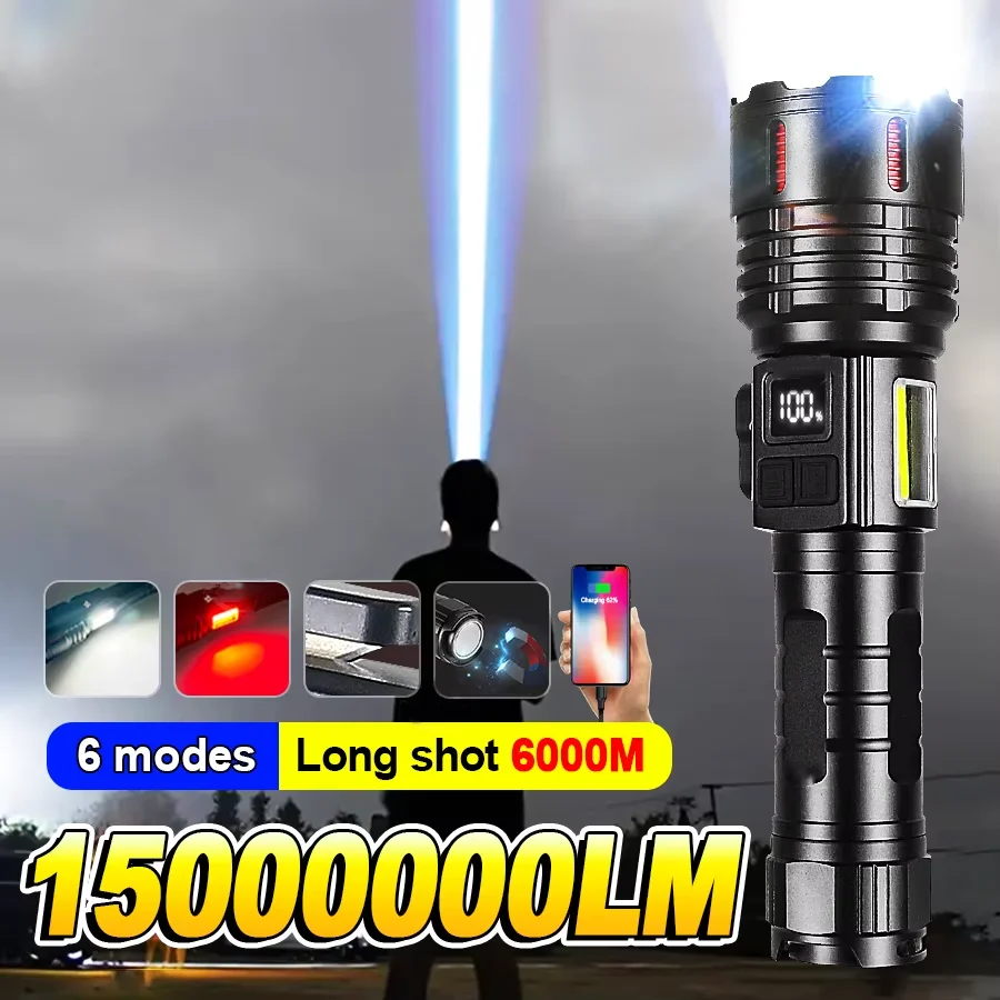 

Самый мощный светодиодный фонарик, супер яркий перезаряжаемый фонарик, мощный фонарик дальнего действия 6000 м, фонарик для кемпинга, рыбалки