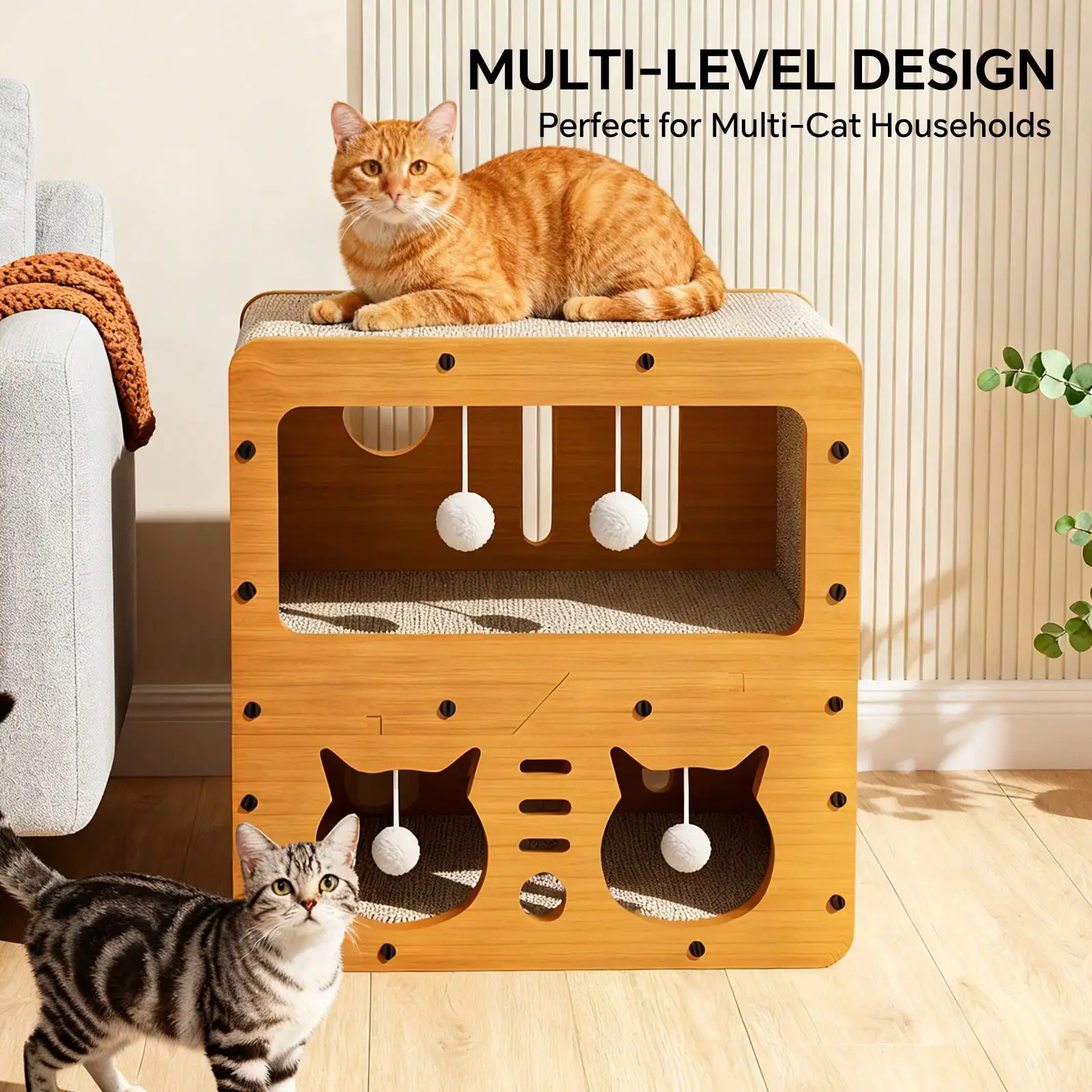 Double Layer Cat Scratching Board, Vertical Cat Scratcher with Wear Resistant Non-Corrugated Surface, Woven Cat House Villa with Scratch Pad, Climbing Resting Toy for Cats Kittens