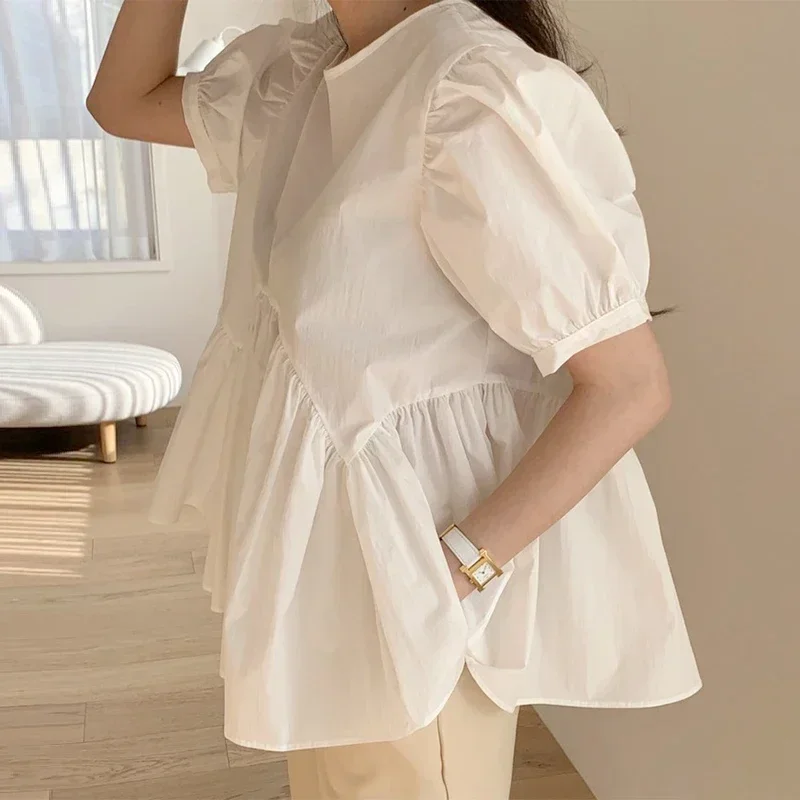 Coréen surdimensionné lâche femmes chemise été nouveau dos pansement coton blanc Blouses femmes décontracté plissé bureau montre de sport 15483