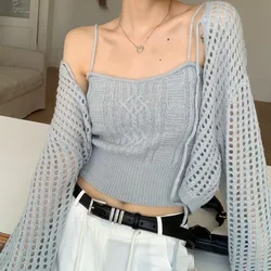 Women's Two-Piece Set Crop Cardigan Long Sleeve Knit Hollow Out Knit Top