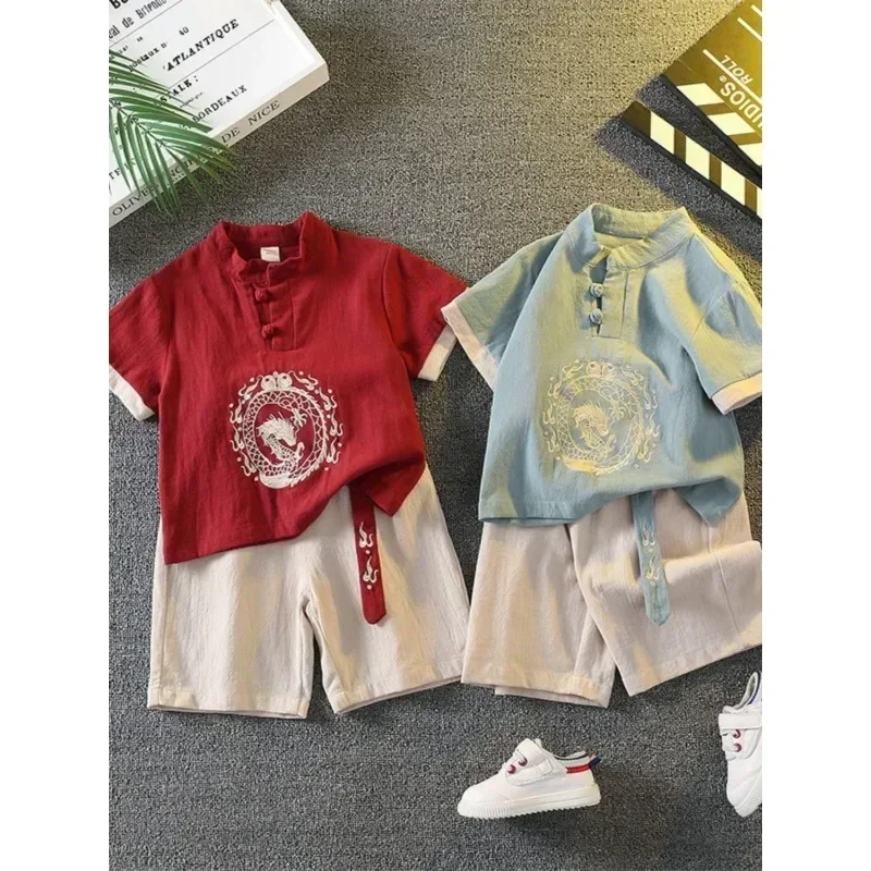 Summer Cute Cotton Linen Dragon Embroidery Short Sleeve Tang Suit for Boys Chinese Style Children's Clothing Tai Chi Clothing