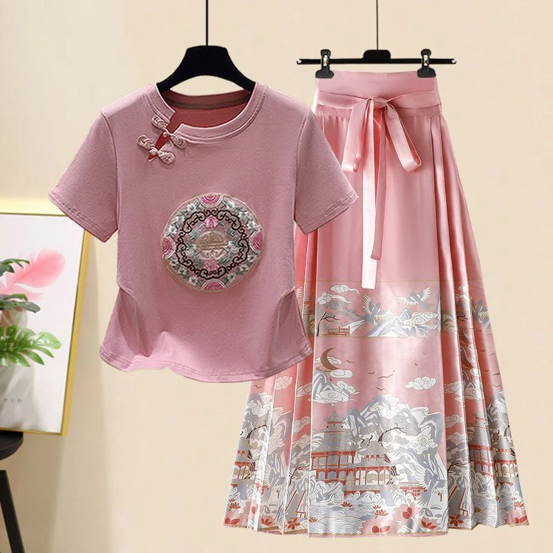 

Женская футболка в китайском стиле с коротким рукавом, новинка 2025 года, модный дизайн, улучшенный национальный стиль Ханьфу, юбка-шлейф