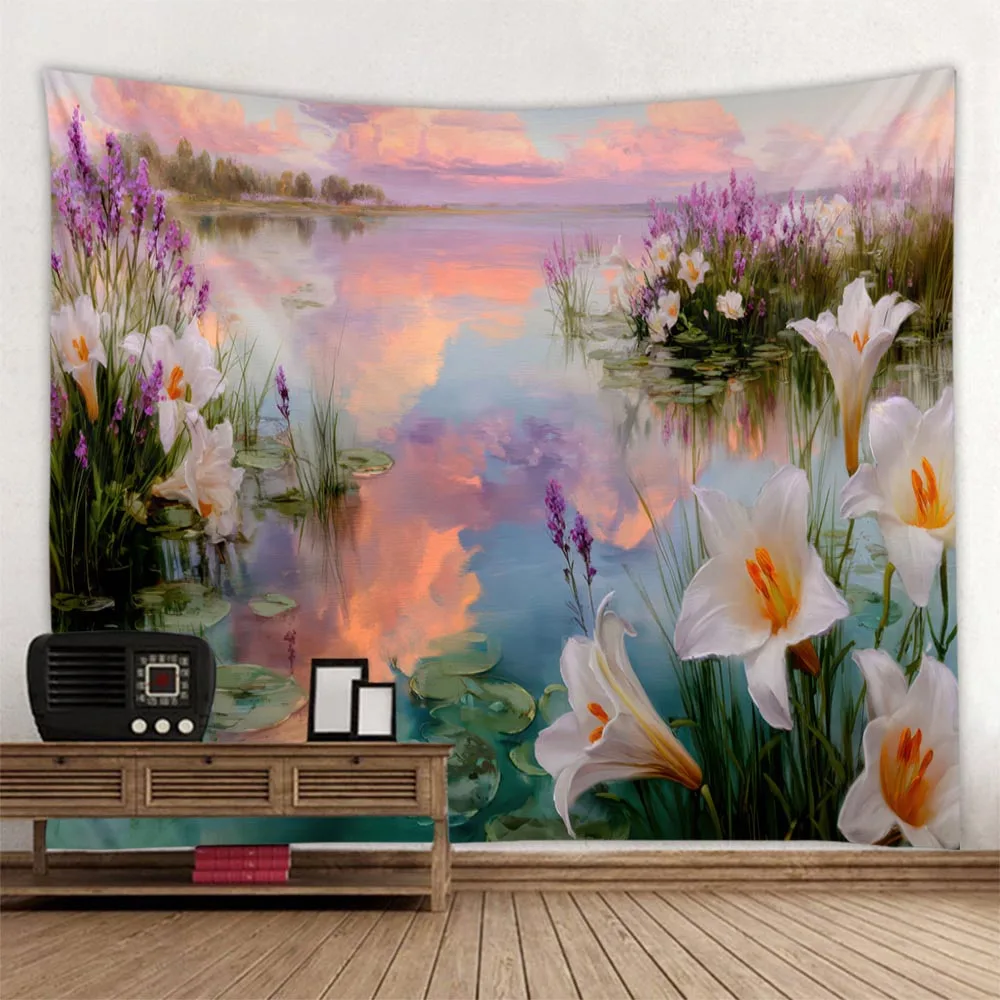 3D Printing Lily Lotus Leaf Lake Landscape Tapestry Retro Flower Oil Painting Wall Hanging Cloth for Living Room Decor