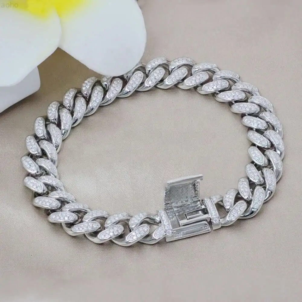 Vvs Iced Out Moissanite Diamond Cuban Bracelet 12mm 925 Sterling Silver Women Men Hip Hop Style Miami Cuban Link Chain