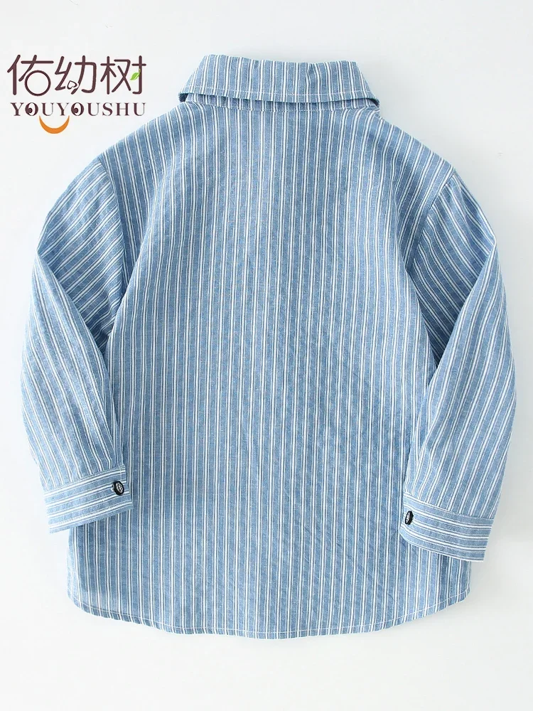 Boys' Cotton Striped Long Sleeved Shirt Children's New Brushed Shirt Baby Medium and Big Children's Western Style