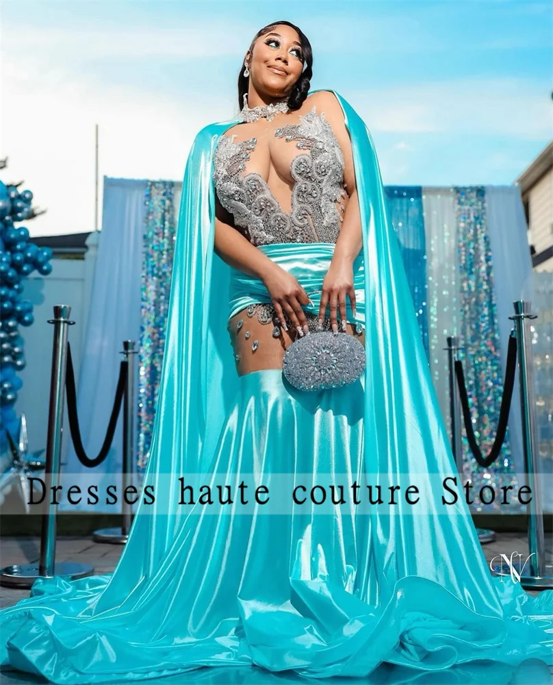 Luxury Sky Blue Mermaid Prom Dresses Black Girls 2024 Sliver Crystals Rhinestones With Cape Evening Dresses Wedding Party Dress