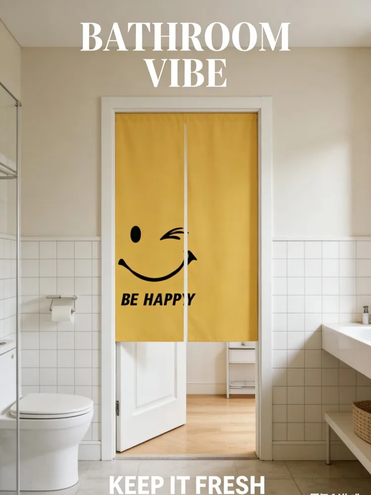 Happy Smile Yellow Door Curtain | Cute Emoticon Print | Easy Hang Decor for Home & Izakaya