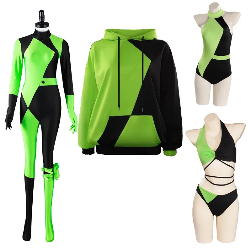 Shego cosplay traje com capuz casaco macacão maiô feminino roupas verdes halloween carnaval festa terno para meninas adultas