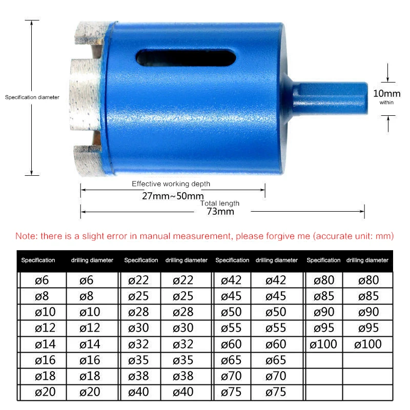 6mm-100mm Blue Tile Marble Opener Diamond Core Bit Hole Saw Drill Bit for Marble Granite Brick Tile Ceramic Concrete Drilling