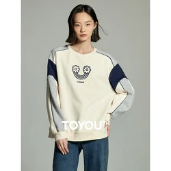 Toyouth Women Plush Sweatshirt 2023 Winter Long Sleeve O Neck Loose Hoodies Cute Pattern Contrast Color Casual Apricot Tops