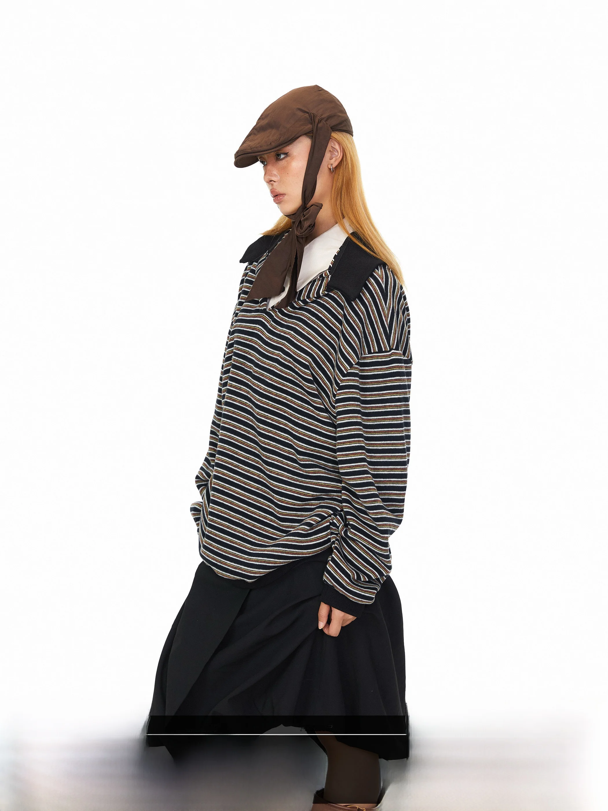 Blackbb Long Sleeve Striped Patchwork Collar Sweatshirt Loose Fit  Shirt American Style Autumn Top Women's Streetwear