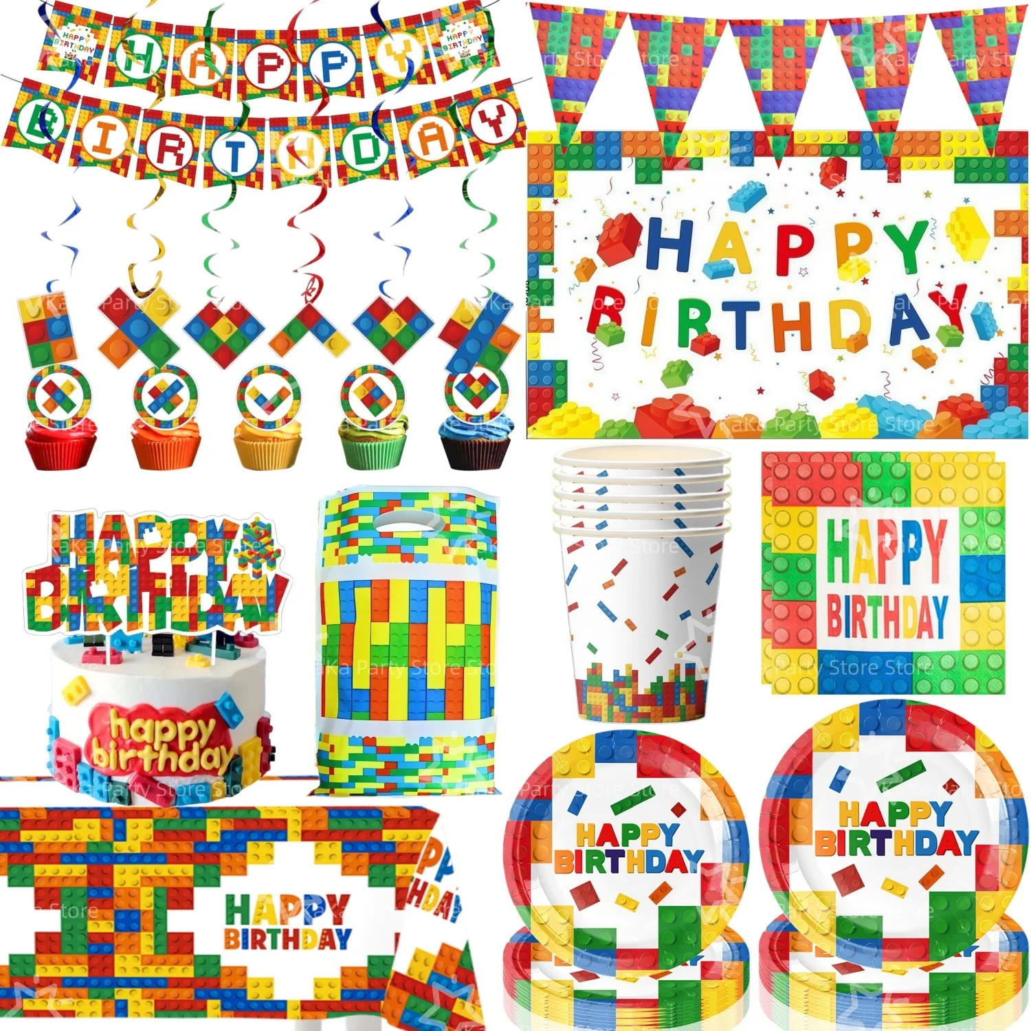 New Building Block Birthday Party Decoration Tableware Tablecloth Plate Cup Napkin Gift Bag Building Block Party Favours Supplie