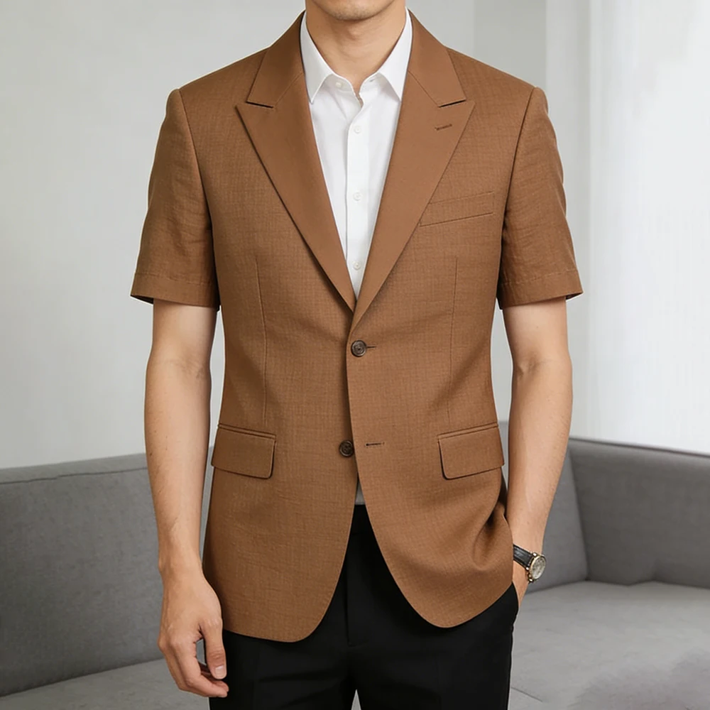 

Летний комплект из двух предметов: куртка с коротким рукавом и брюки, повседневный стильный мужской костюм, приталенный крой, мужская одежда в ретро-стиле, элегантный блейзер.