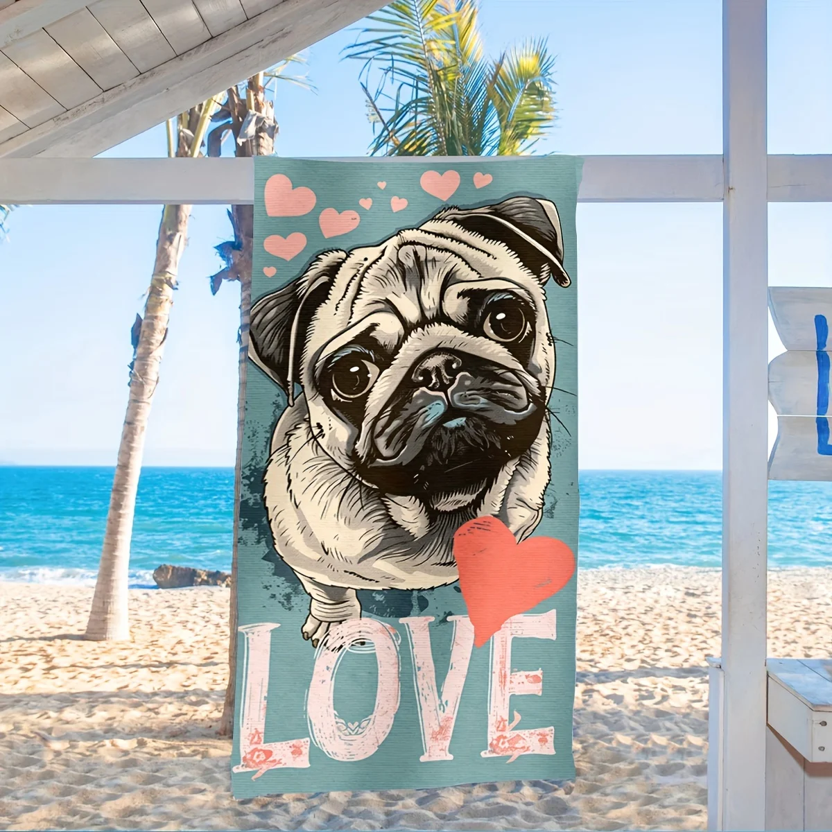 

Adorable Dog-Themed Oversized Beach Towel Featuring Love Hearts, Perfect for Both Men And Women, Ideal for Lounging And Swimming