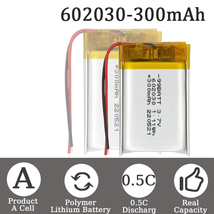 Batteria ai polimeri di litio 602030 300mAh Soft Pack auricolare Bluetooth senza fili auricolare Bluetooth vano di ricarica 3.7V PH2.0 2P