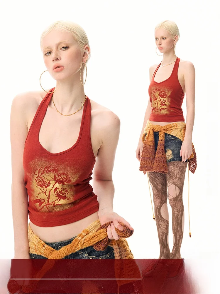 

BeerBro Rebellious Y2K oulder Strap Vest Fluorescent Flower Pattern iny Sequins Ne Hanging Trendy White Amplifng Summ...
