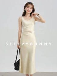 Summer Matte U-Neck Sleeveless Dress Women Waist-Cinching Slimming High-Low Flowy Long Dress Petite Figures Elegant Casual Dress