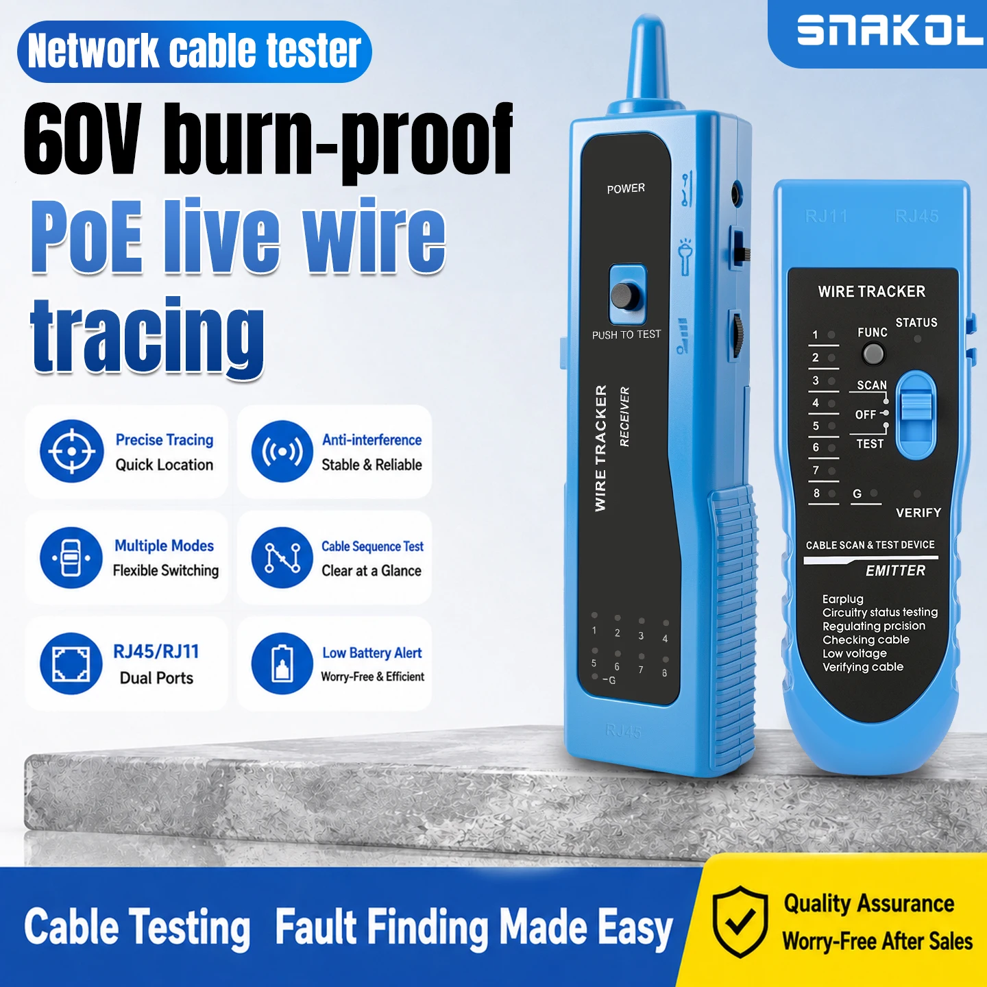 SNAKOL SK-W11 Network Cable Tester Multifunction Line Finder with RJ45 RJ11 Port Flashing and PoE Detection Network Repair Tool