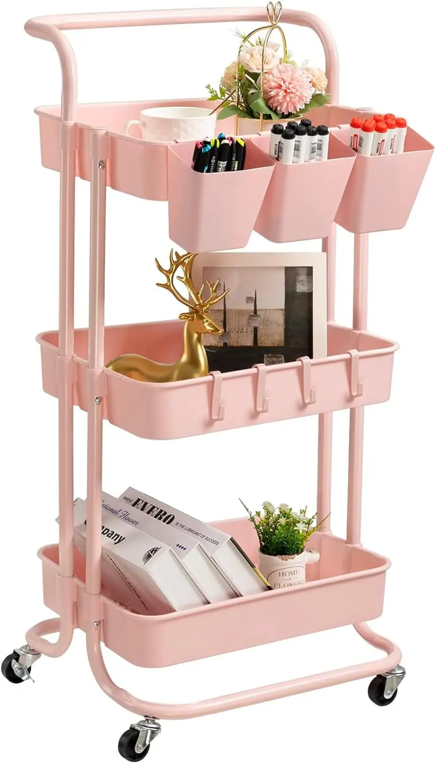 

3 Tier Rolling Utility Cart with Lockable Wheels & Hanging Cups & Hooks Storage Organization Shelves for Kitchen, Bathroom