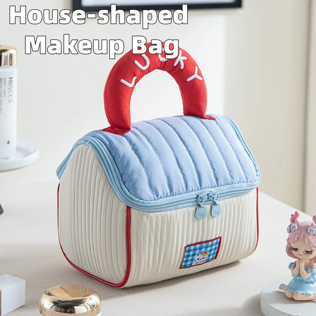 -Cute Cottage Makeup Bag for Girls, Large Capacity Skincare Storage Bag, Portable Handheld Travel Wash Bag