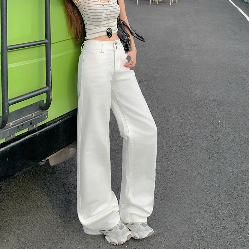 KSTUN 2026 Stretch Witte Jeans Dames Hoge Taille Double-Breasted Jeans Rechte Pijpen Denim Broek Casual Veelzijdige Lange Broek