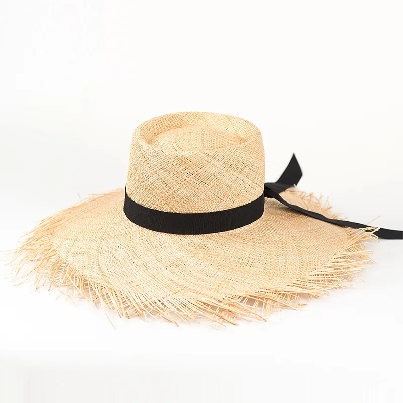 X430 Wide Brim Summer Sun Hat Raw Brim Ribbon Flat Top Sun Beach Caps Outdoor Beach Tourism Sunscreen Straw Hat Panama Caps