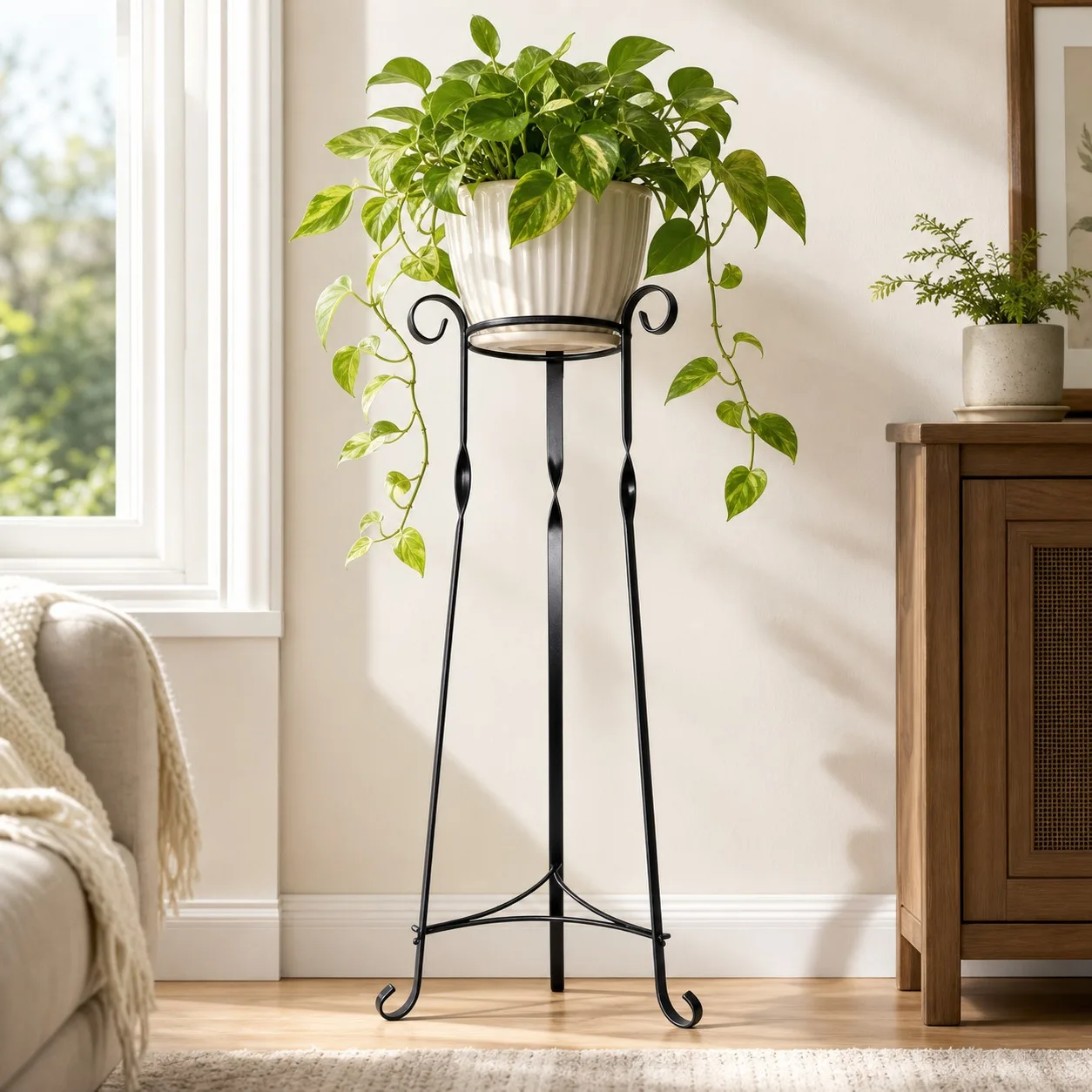 Support de pot de fleurs en fer de 70 cm, étagère décorative en métal noir pour plantes d'intérieur et d'extérieur, piédestal élégant de 18 cm de diamètre pour salon, jardin et balcon