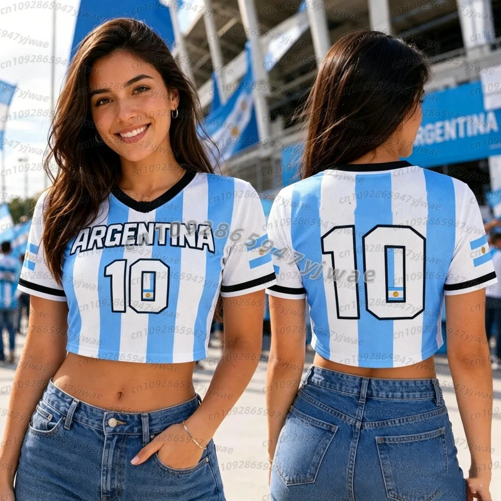 Argentina NO.10 Print Cheerleader Women's Football Jersey, Aztec Pattern Flag Crop Top, Tee for Soccer Fans Kids Adult T-Shirt
