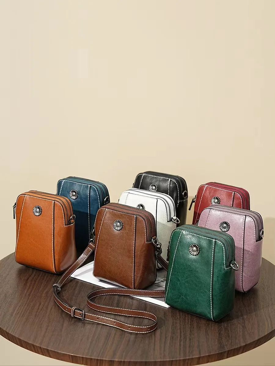 Bolsa pequena de couro de cera para mulheres, leve tiracolo, bolsa leve, bolsa de couro para celular, elegante e casual