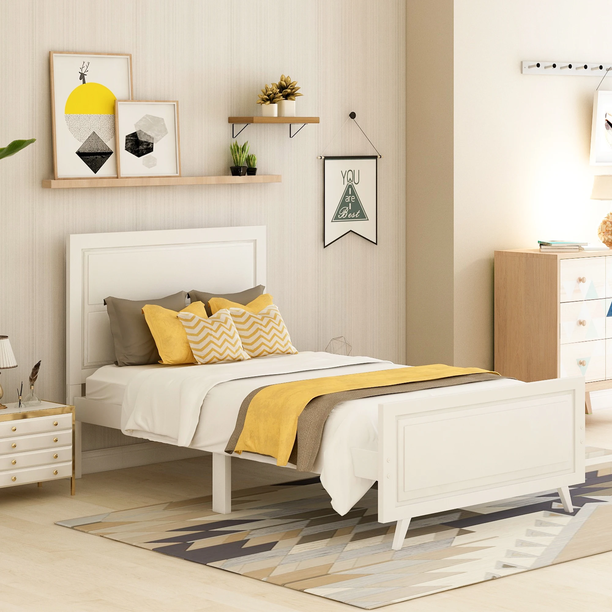 

White Twin Wood Platform Bed Frame with Headboard and Wood Slat Support - No Box Spring Needed 78.70x42.30x41.50 in.