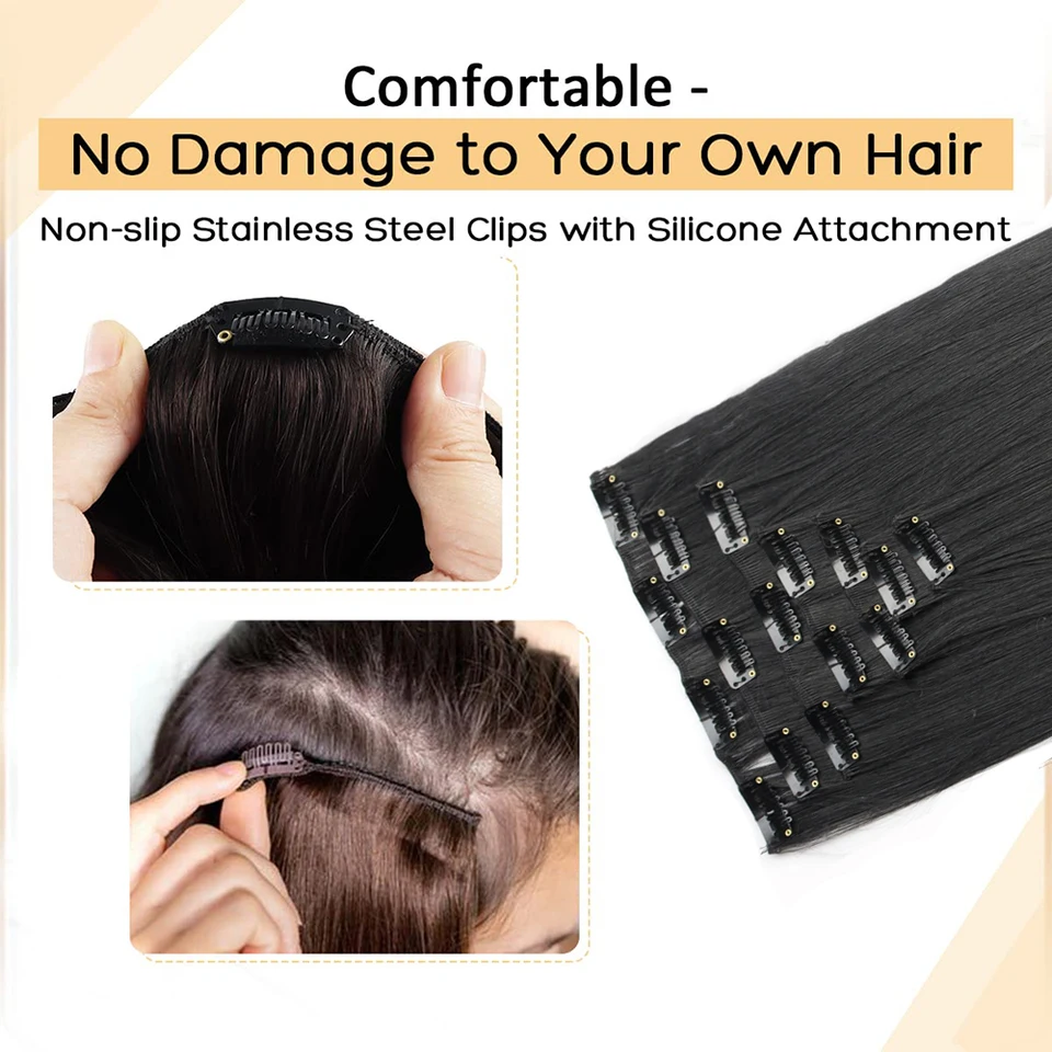 7 Piezas/Lote 16 Clips Extensión de Cabello Negro Largo Liso Natural Ombre Postizo Resistente al Calor Fibra para Peinado de Mujer 4