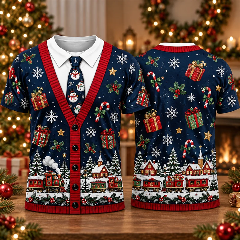 Christmas Cardigan Pattern 3D Print T Shirt for Men Funny Ugly Christmas Shirt Santa Snowflake Gift Tee for Holiday Party Tops