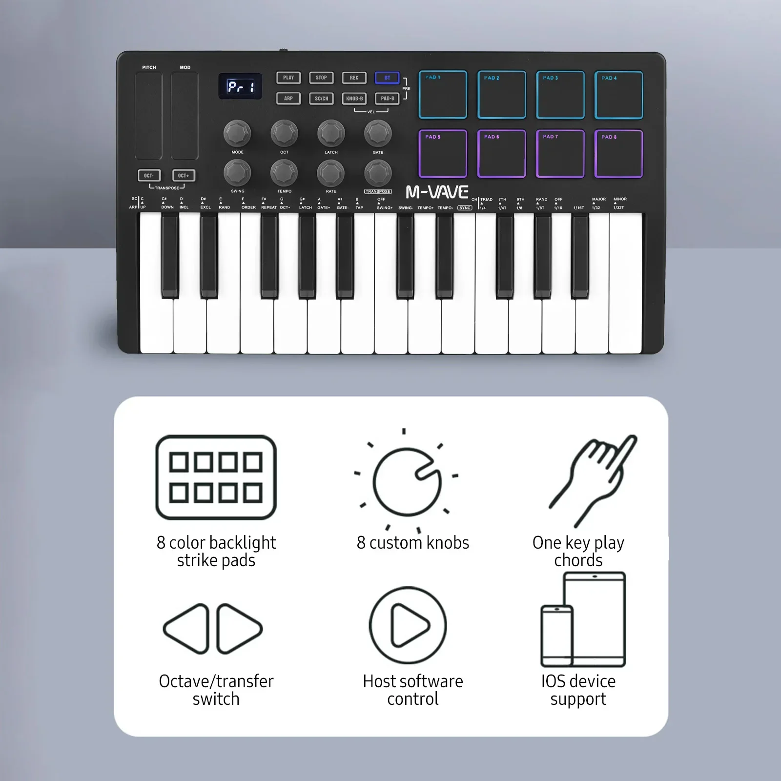 25-Key MIDI Control Keyboard Mini Portable USB Keyboard MIDI Controller with 25 Velocity Sensitive Keys 8 RGB Backlit Pads