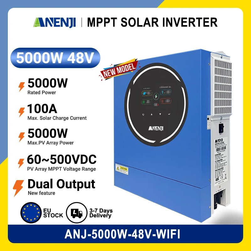 ANENJI 5KW 48V double sorties onduleur solaire hybride onde sinusoïdale Pure inverseurs de réseau marche/arrêt WIFI intégré écran de lumières RGB froides