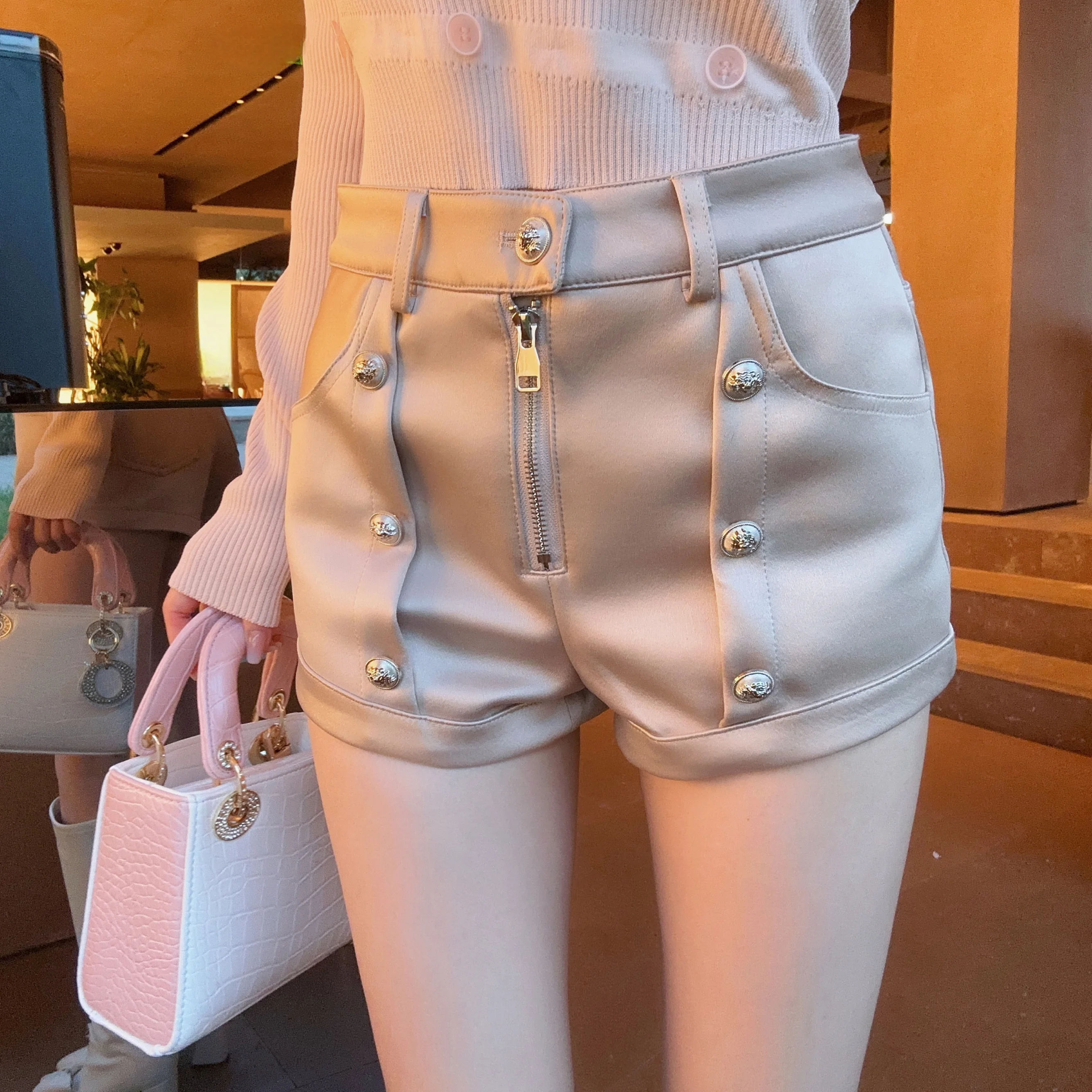 Satin Double-breasted Shorts Zipper High Waist Suit Shorts for Women Slim Fit Casual Pants Elegant Office Lady All Match