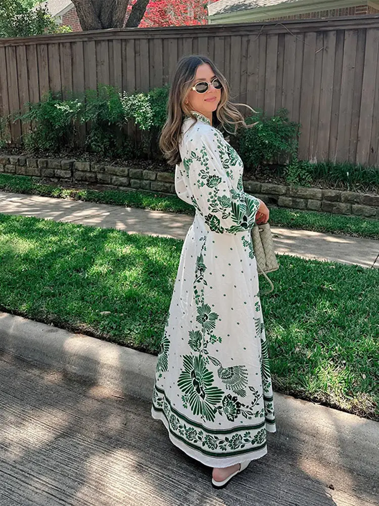 Fashion Green Print Single Breast Maxi Dress Women Elegant Lapel Long Lantern Sleeves Long Robes 2024 New Beach Vocation Vestido