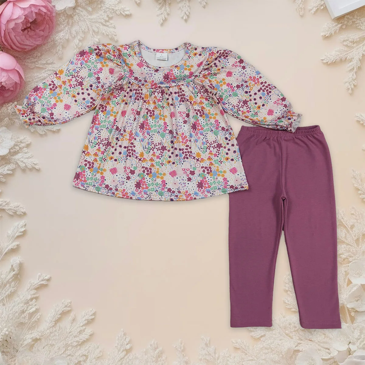 

Baby Girl Fall Purple Flowers Tunic Top Legging Pants Kids Clothes Sets Toddler Outfit Children Clothing Boutique Wholesale