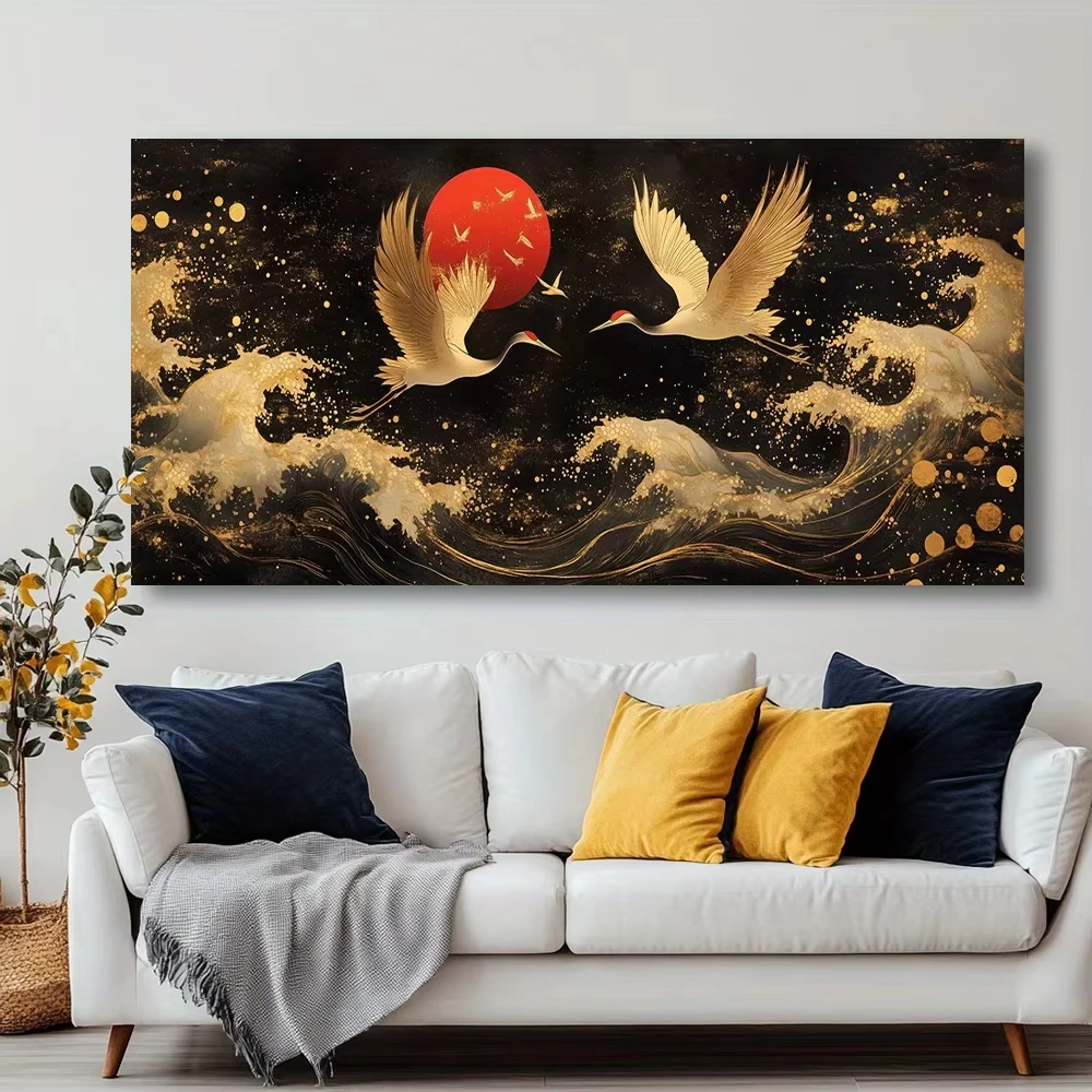 Goldener Rotkronenkranich Rote Sonne Poster und Drucke Tier-Vogel-Kunst Leinwandgemälde Wandbild für Wohnzimmer Heimdekoration – Detail 3