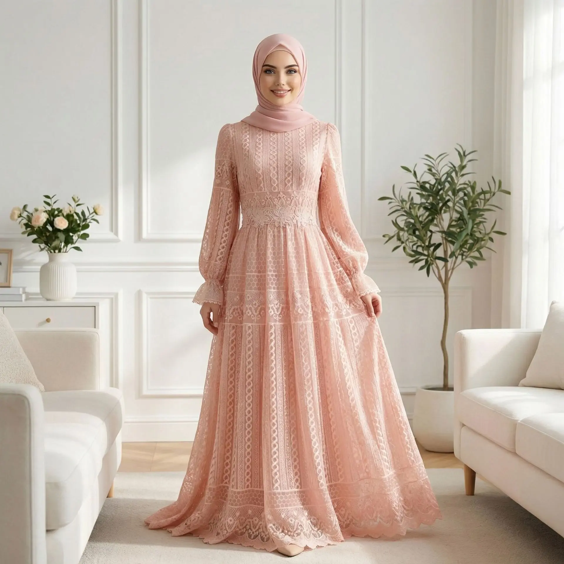 

Muslim Women Lace Embroidery Maxi Dress Dubai Abaya Turkey Kaftan Kebaya Caftan Marocain Femme Robe Vestidos Islam Clothing Gown