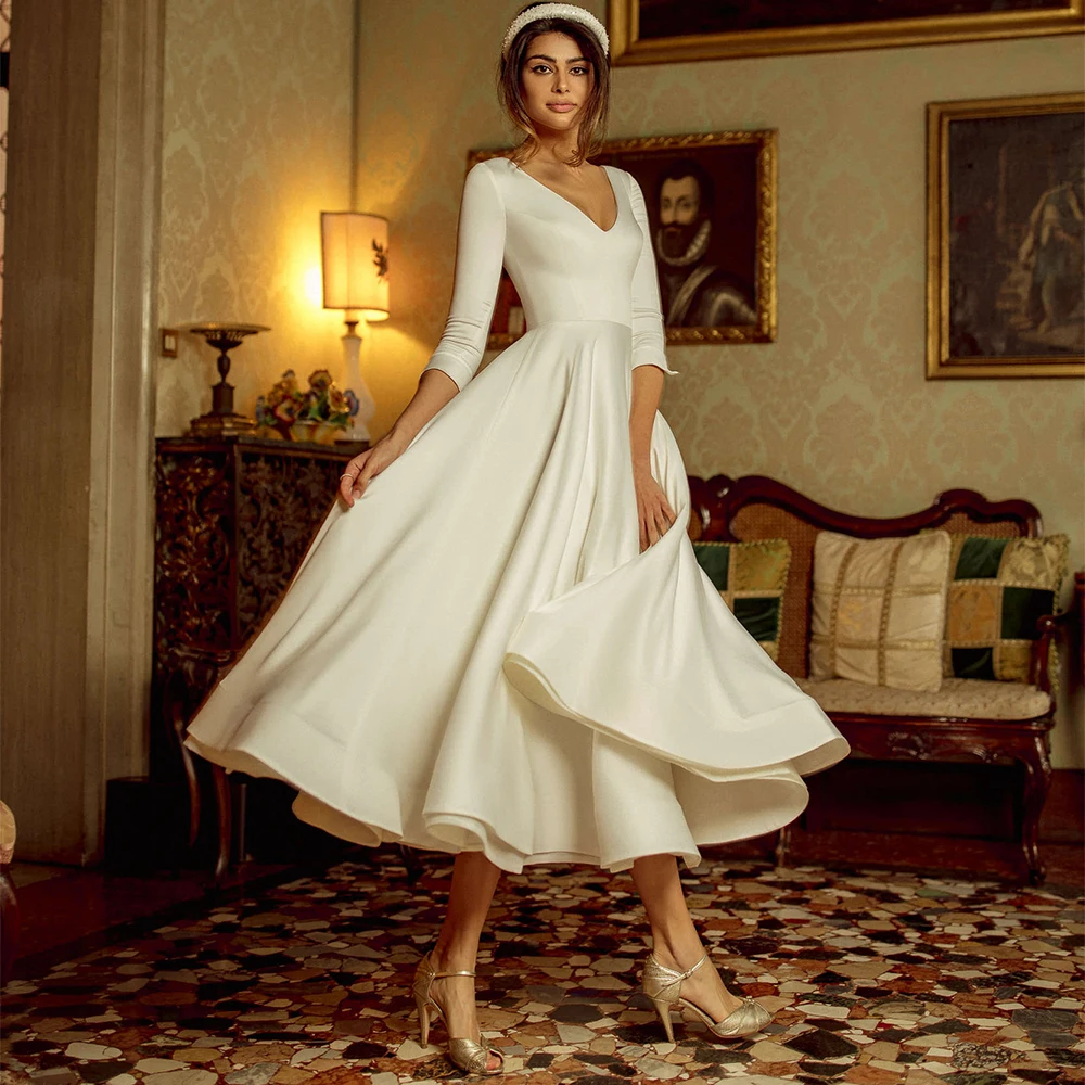 

Ivory Three-quarter Sleeve Satin Wedding Dress Minimalist V-Neck A-Line and Calf Length Bridal Wedding Dress Spring and Autumn