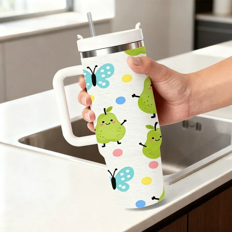 Playful Smiling Pear & Blue Butterfly Print 40oz Stainless Steel Insulated Tumbler, Digital Printed Leakproof Drink Cup with Whimsical Polka Dot Pattern, Ideal for Daily Hydration, Outdoor Commutes & Office Use