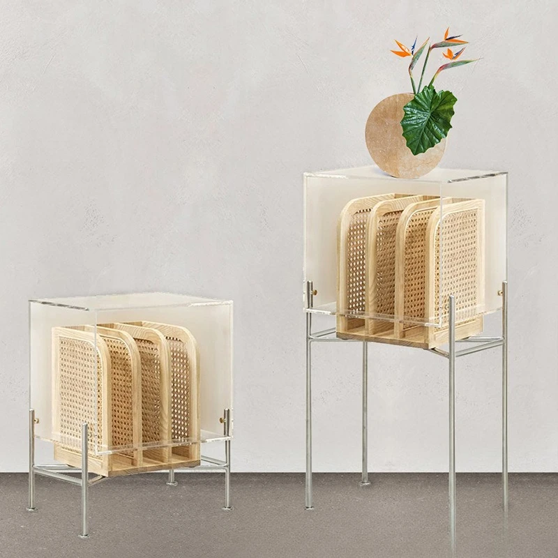 Simple rattan wood magazine rack, Korean acrylic stainless steel storage rack, bedside cabinets
