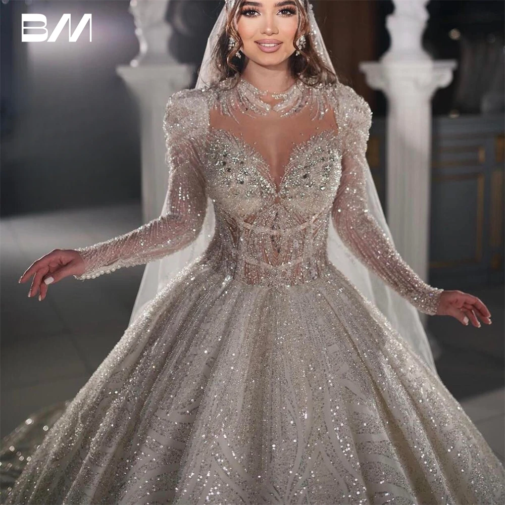 Vestido de novia con cuentas bordadas para mujer, vestidos de novia de México, manga larga, cuello redondo, vestido de novia árabe