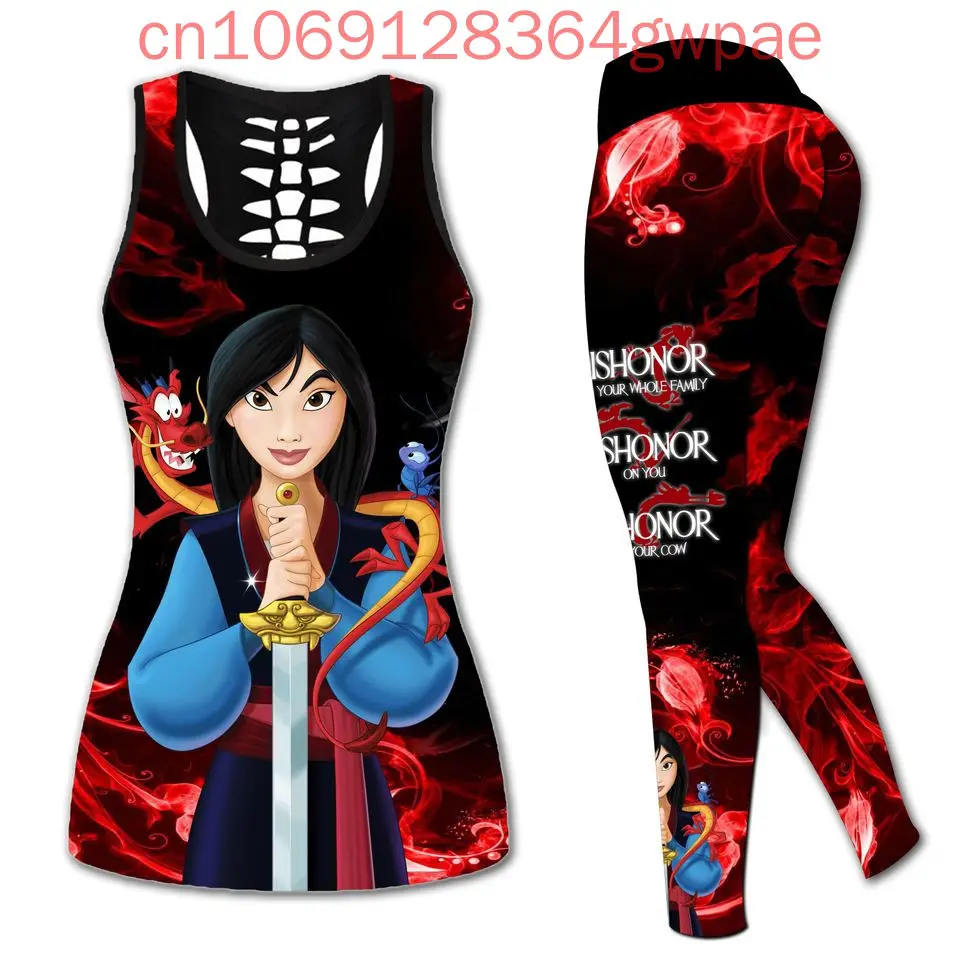 

Disney Princess Mulan Women Cutout Tank Top and Leggings Yoga Set Summer FitnessTracksuit Hollow Tanktop Leggings Suit