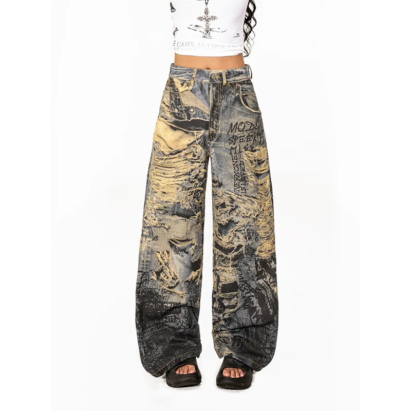 

Ретро Американский 3D цифровой принт fiti Distred Punk Hot Girl Широкие прямые джинсовые джинсы Женские длинные брюки с низкой талией