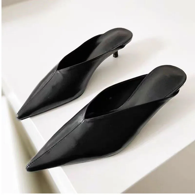 Concise Style Soild Pointed Toe Outdoor Summer Women Slippers Stiletto Middle Heels Slip On Design Large Size Closed Toe Shoes
