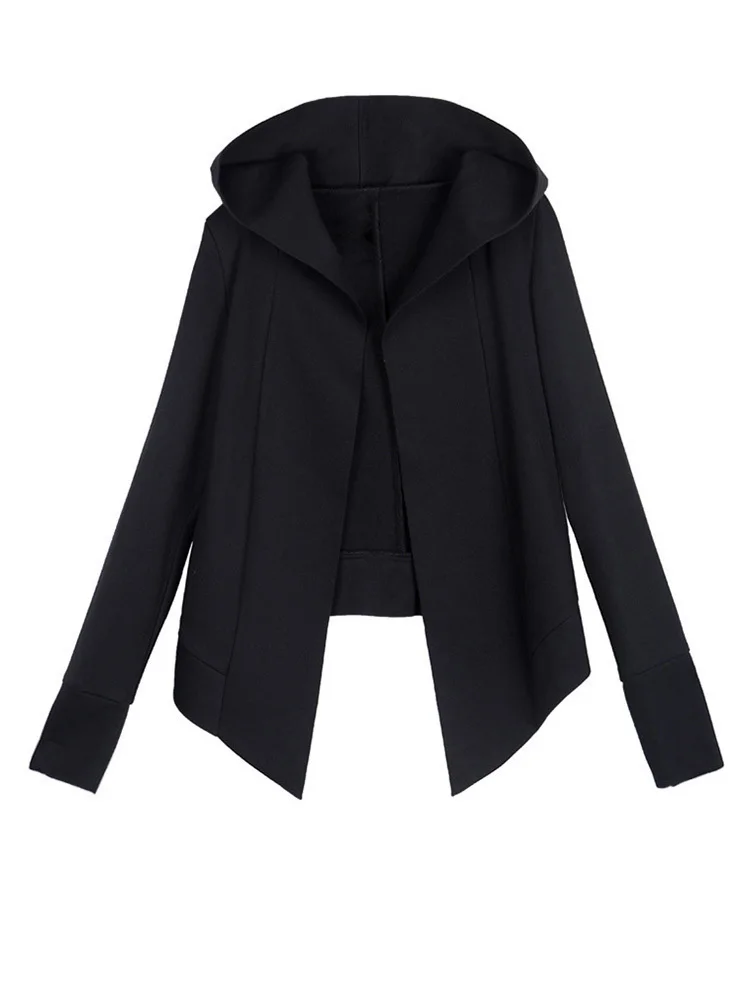 [EAM] Loose Fit Black Irregular Casual Jacket New Hooded Long Sleeve Women Coat Fashion Tide Spring Autumn 2024 1DF4696