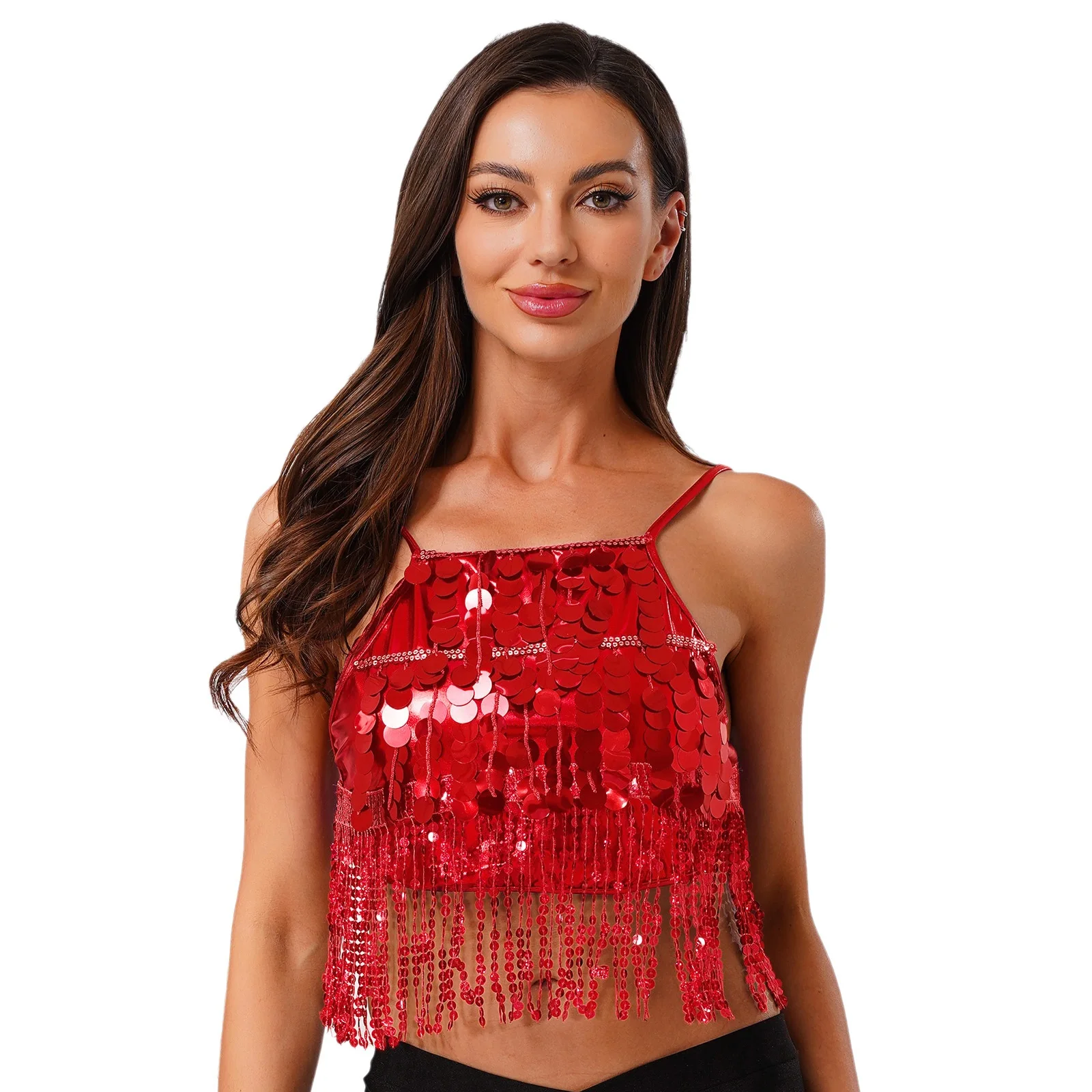 Womens Glanzende Pailletten Latin Buikdans Crop Top Kwastje No-pad Backless Lace-up Bh Tops Salsa Samba Cha-cha Prestaties Kostuum