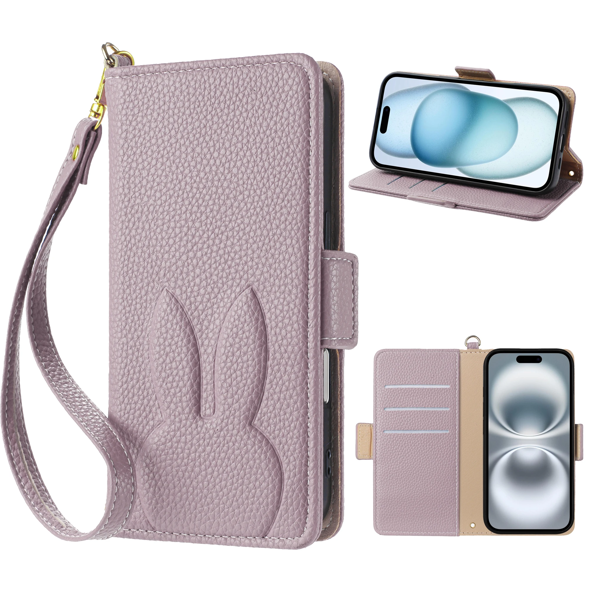 Niedliche 3D-Kaninchen-Blumen-Leder-Handy-Mappenhülle für iPhone 16 15 14 Plus 13 12 11 Pro Max XS X SE 16e Kartensteckplatz Flip-Cover – Detail 9