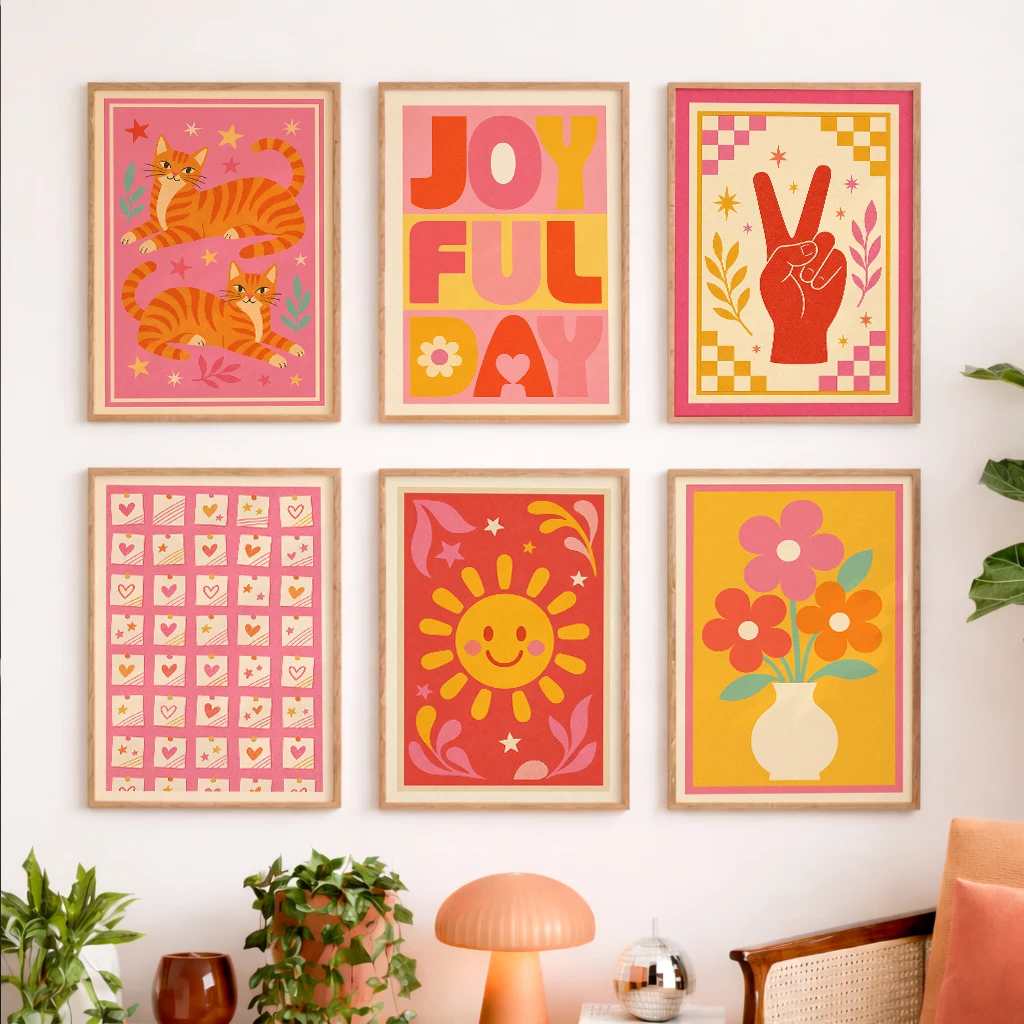 Set of 6 Retro Pink Canvas Wall Art Prints Cat Joyful Day Peace Hand Flower Abstract Posters Girls Bedroom Home Decor Gifts